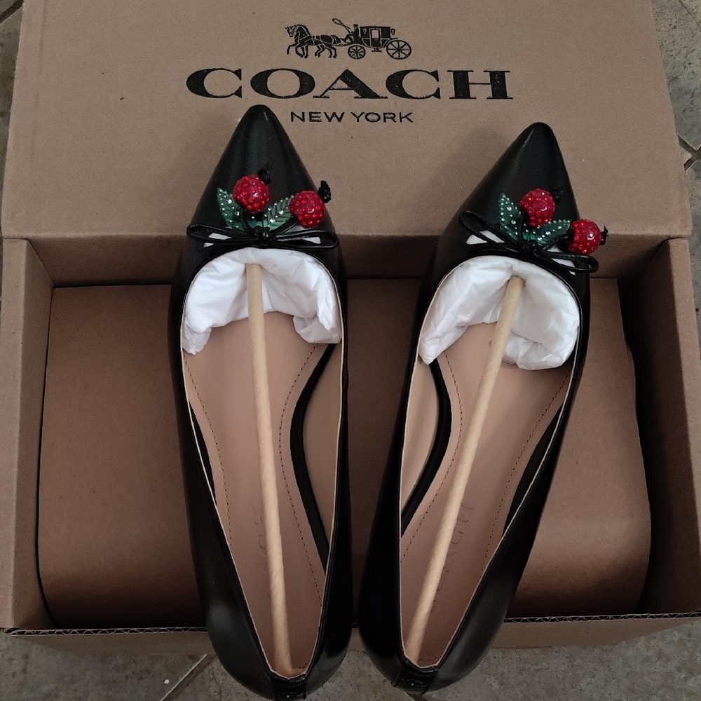 NIB Coach Runway Cherry Black Leather Flats - Size 8 - Picture 2 of 12